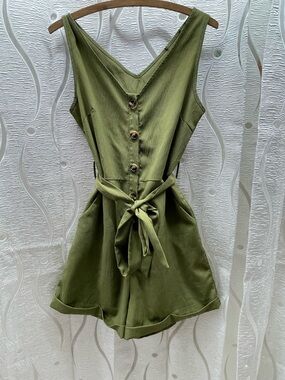 Unbranded Romper Womens S Olive Green‎ Excellent Button Front Tie Waist Pockets